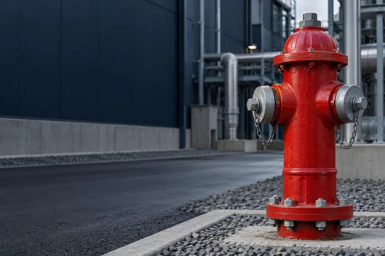 Illustrative red fire hydrant at an industrial facility