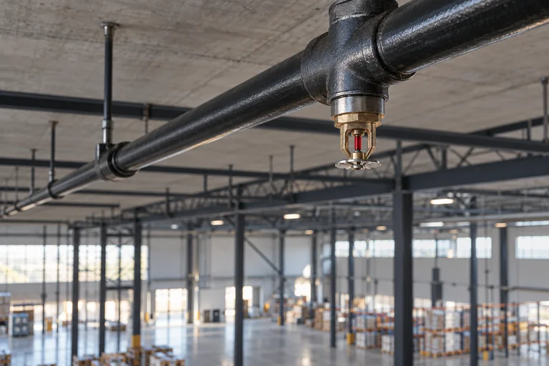 Illustrative sprinkler and exposed piping in a commercial warehouse