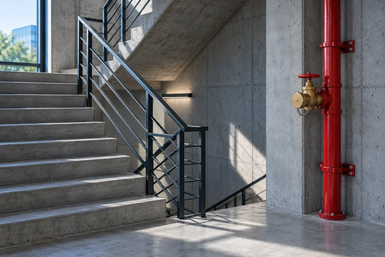 Illustrative red standpipe and capped hose valve in a concrete stairwell