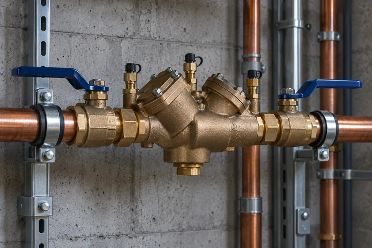 Illustrative bronze water-service assembly with blue-handled valves
